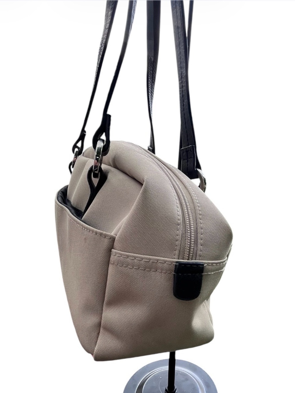 Miztique Beige Nylon Shoulder Bag Black Trim Double Handle Tote - Picture 9 of 9